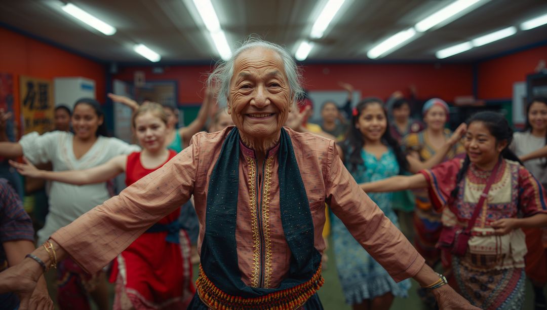 Senior Woman Leading Joyful Dance Class in Colorful Studio