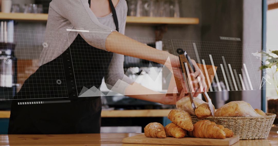 Barista Selects Croissants in Cafe with Data Overlay Analysis