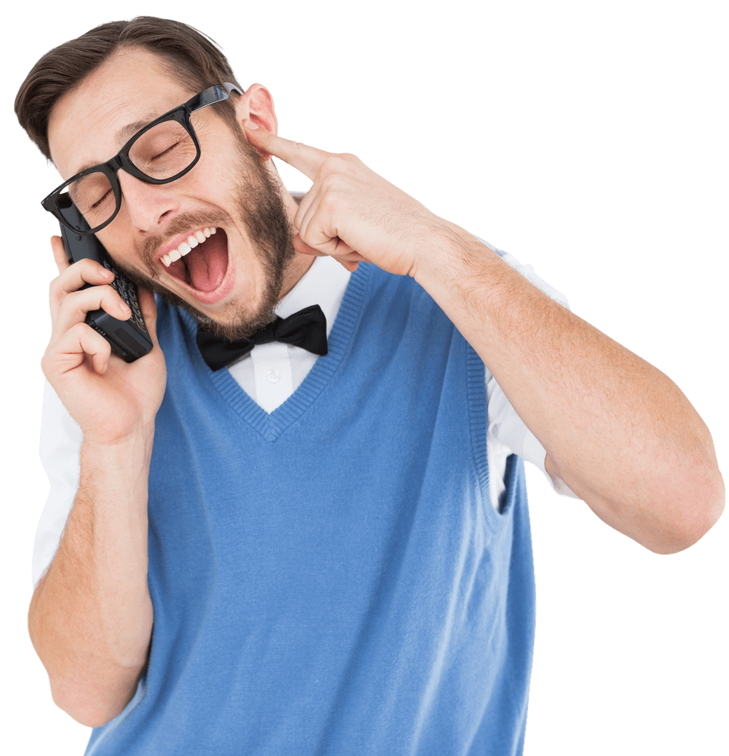 Geeky Hipster Closing Ear Using Retro Cellphone Transparent Background