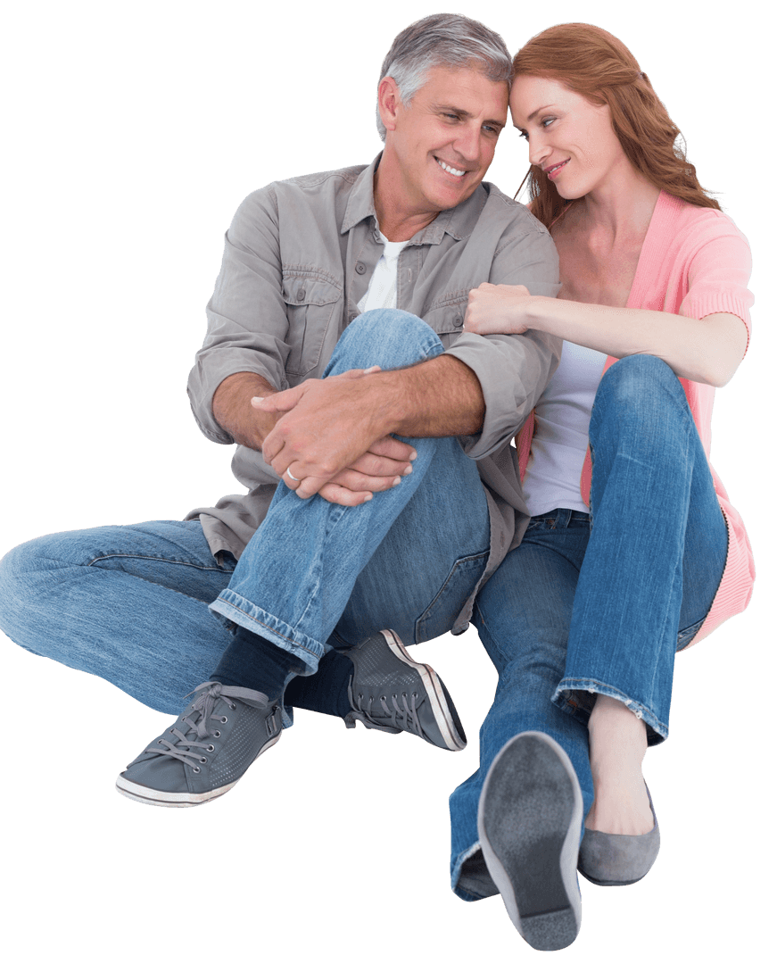 Transparent Casual Couple Sitting Smiling Amicably Embracing Relaxed