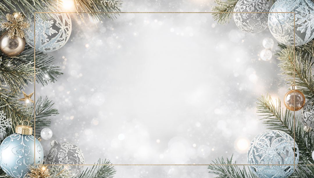 Framing Holiday Greeting with Frosted Pine, Silver Blue Baubles and Gold Sparkle Border