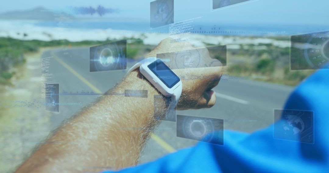 Man Using Smartwatch, Holographic Data Interfaces in Outdoor Setting