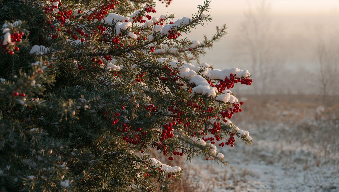 Evergreen Branches Holding Snow and Red Berries at Misty Meadow Sunrise