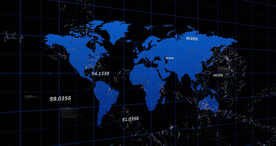 Digital World Map Highlighting Global Data Networks and Coordinates - Free Images, Stock Photos and Pictures on Pikwizard.com
