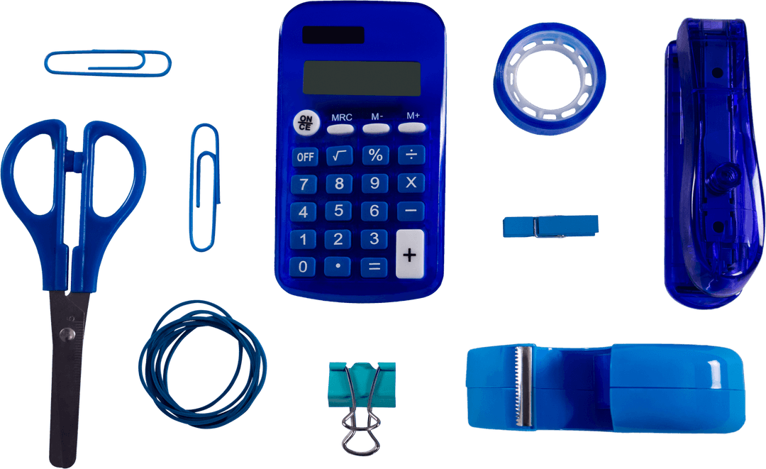 Blue Office Supply Set on Transparent Background for Business Concept