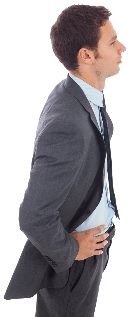 Transparent Businessman in Suit with Hands on Hips Side View