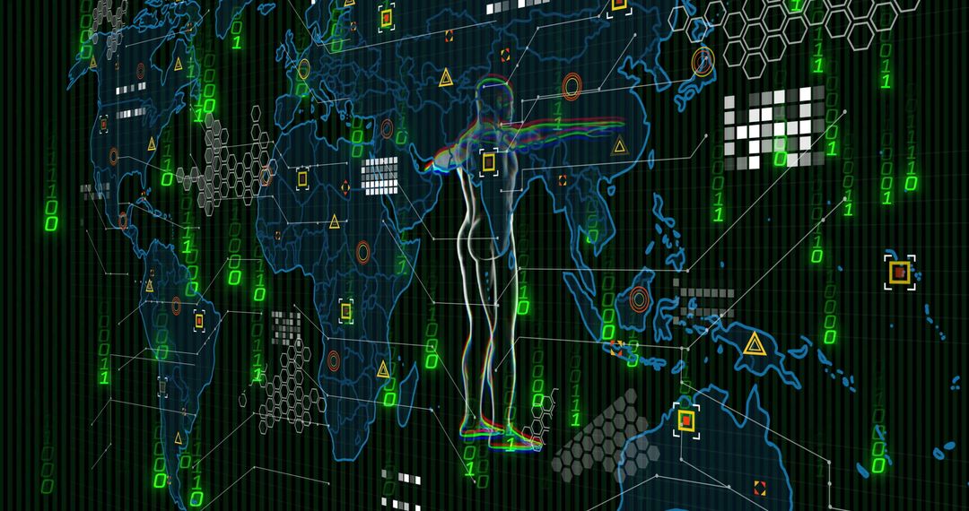 Futuristic Digital Human Silhouette on Global Data Map
