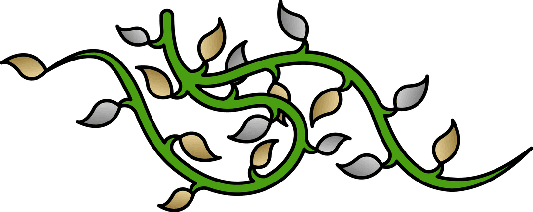 Elegant Green Vine Unfurling with Gold and Silver Leaves on Transparent Background