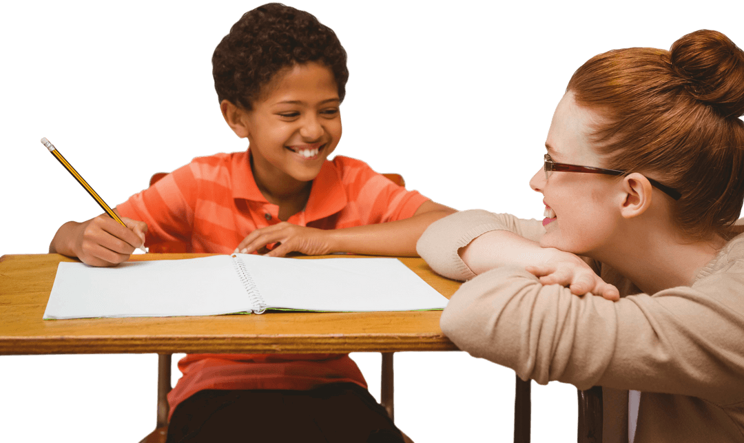 Smiling Teacher Engaging with Student in Classroom on Transparent Background