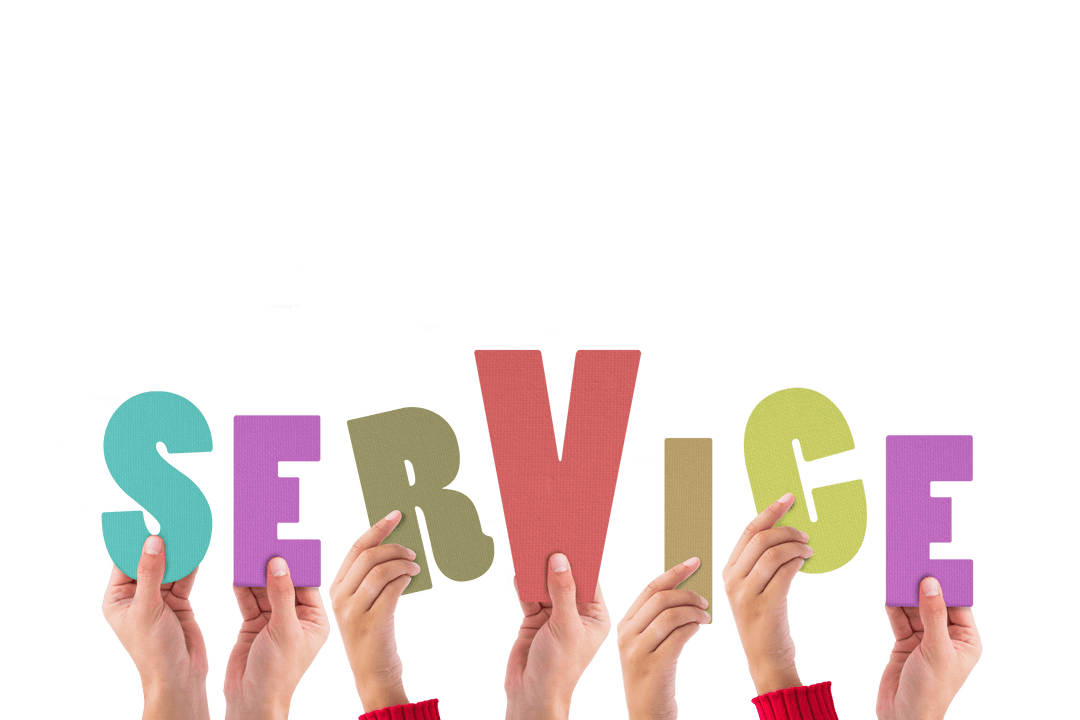 Hands Holding Colorful Letters Spelling 'Service' Against Transparent Background