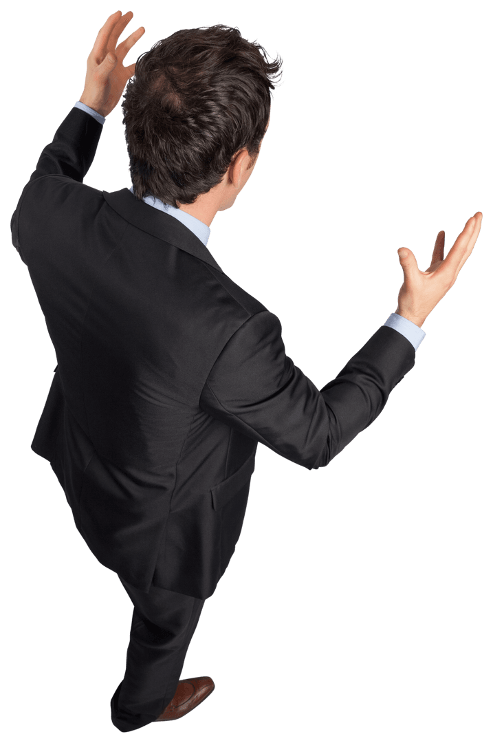 Back View of Businessman Raising Hands on Transparent Background