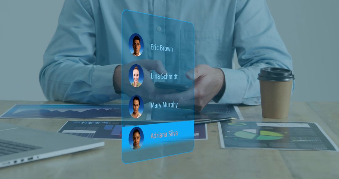 Businessman using smartphone viewing holographic contacts and analytics dashboard