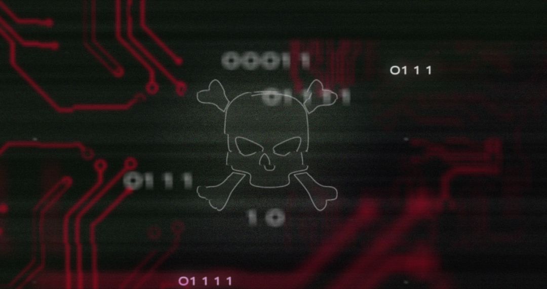 Digital Threat Skull Overlay on Circuit Board