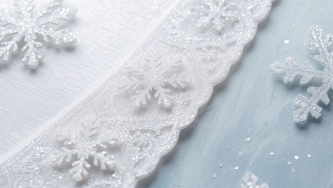 Winter Glittered Snowflake Lace Ribbon Lying Diagonally on Pale Blue Painted Wood