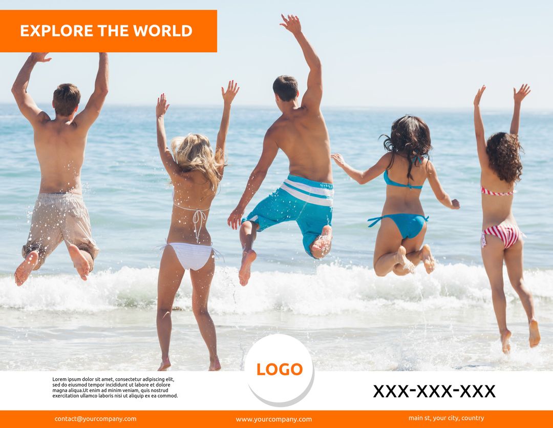 Group of Friends Joyfully Jumping into Ocean for Beach Adventure