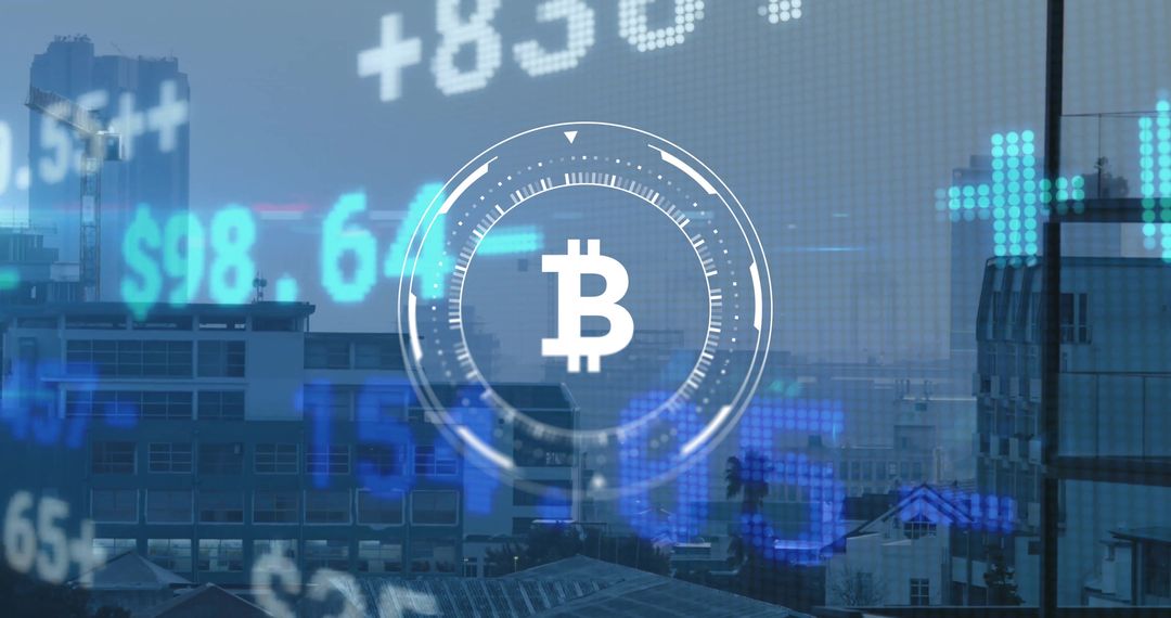 Digital Bitcoin Icon Overlaying Cityscape with Financial Data