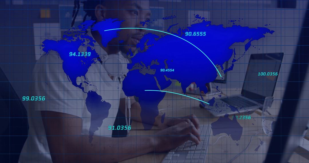 Network Engineer With World Map Overlay Analyzing Data