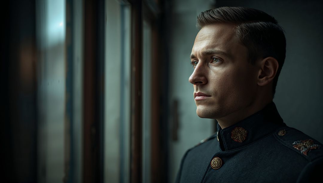 Gazing Man in Military Coat by Window in Dimly Lit Room
