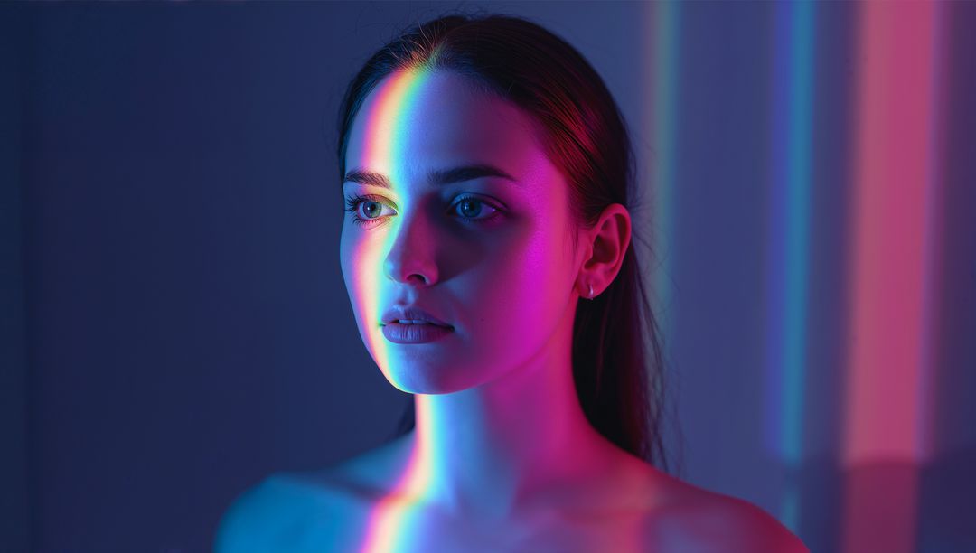 Futuristic Model with Neon Lights Casting Stripes Across Face
