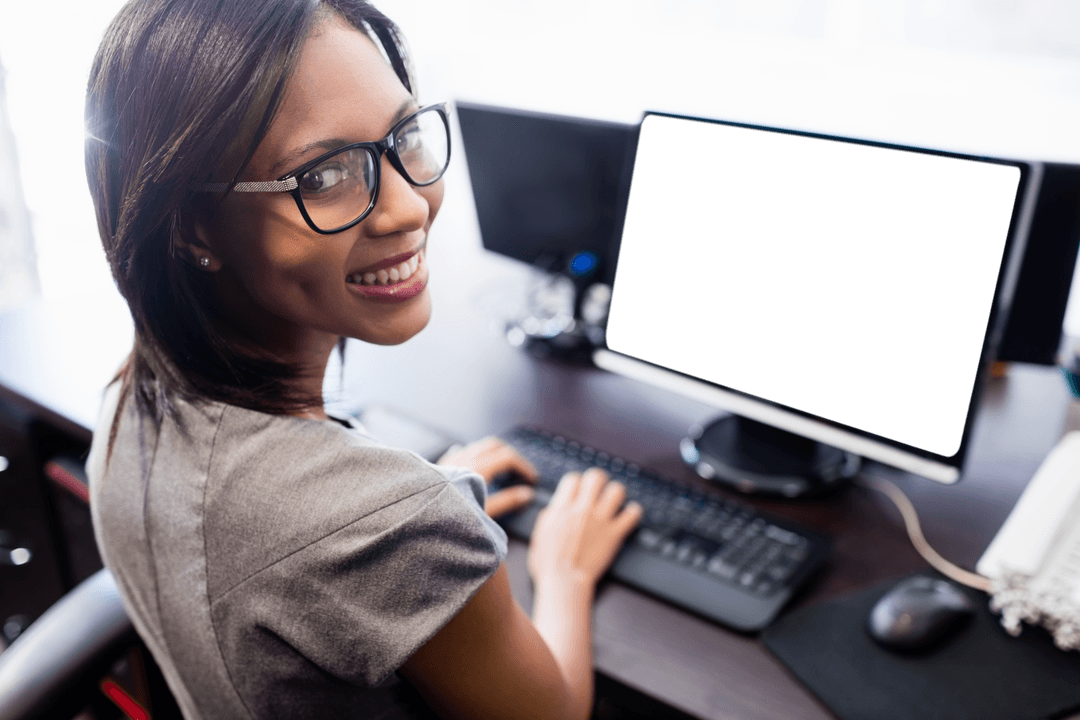 Transparent Office Businesswoman Smiling While Typing on Computer