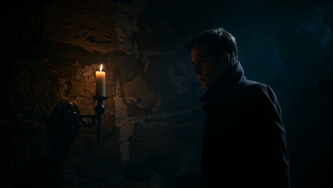 Contemplative Man in Candlelit Stone Chamber