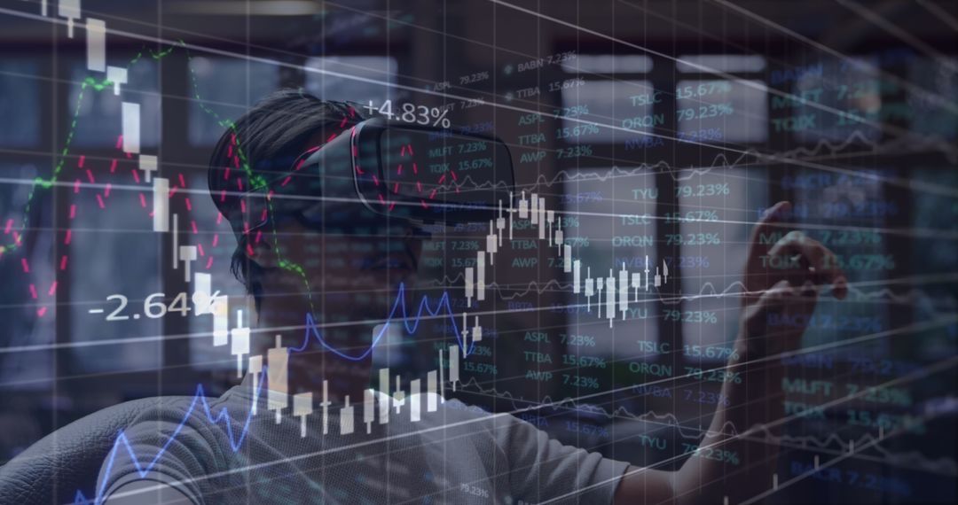 man using vr headset with financial graphs overlay for data analysis - Free Images, Stock Photos and Pictures on Pikwizard.com