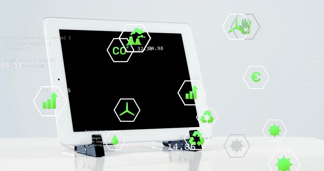 Tablet with Floating Eco Icons for Sustainable Technology Concept