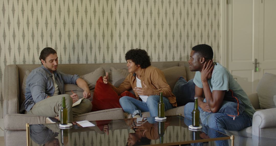 Friends Relaxing with Drinks in Cozy Living Room Setting