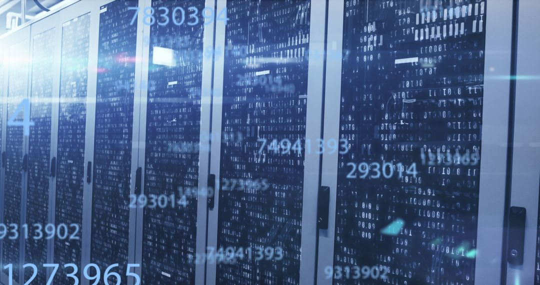 Digital Data Overlay on Server Room Interior with Numbers