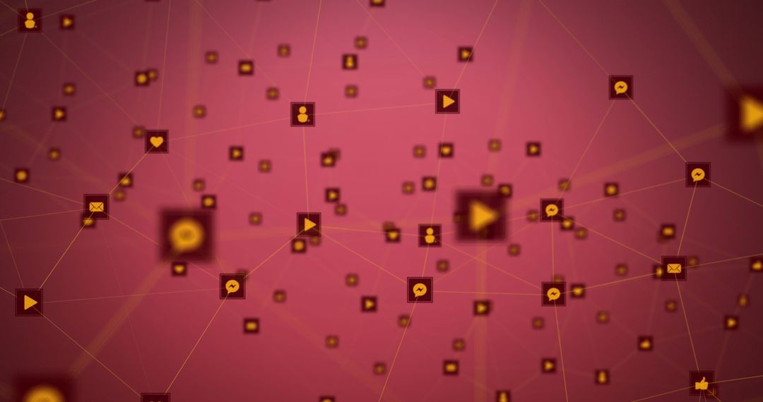 Abstract Communication Network with Digital Icons on Red Background