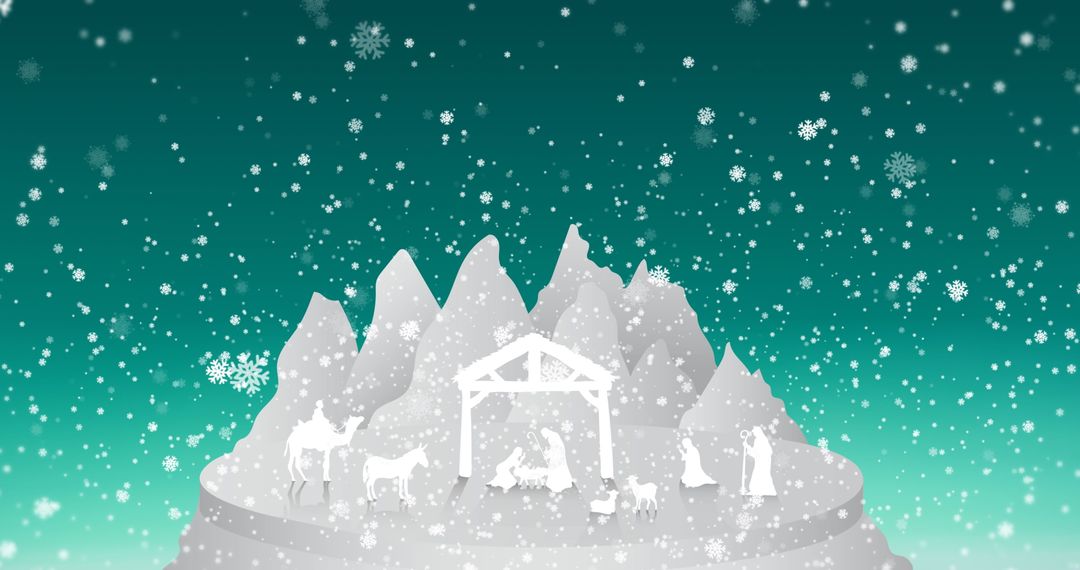 Nativity Scene Silhouette with Snowfall in Mountainous Landscape