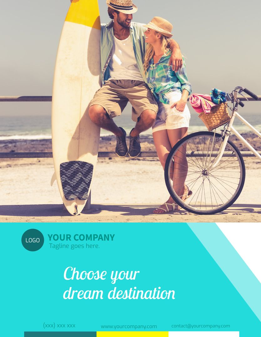 Romantic Couple with Surfboard and Bicycle Promoting Travel and Leisure - Download Free Stock Templates Pikwizard.com