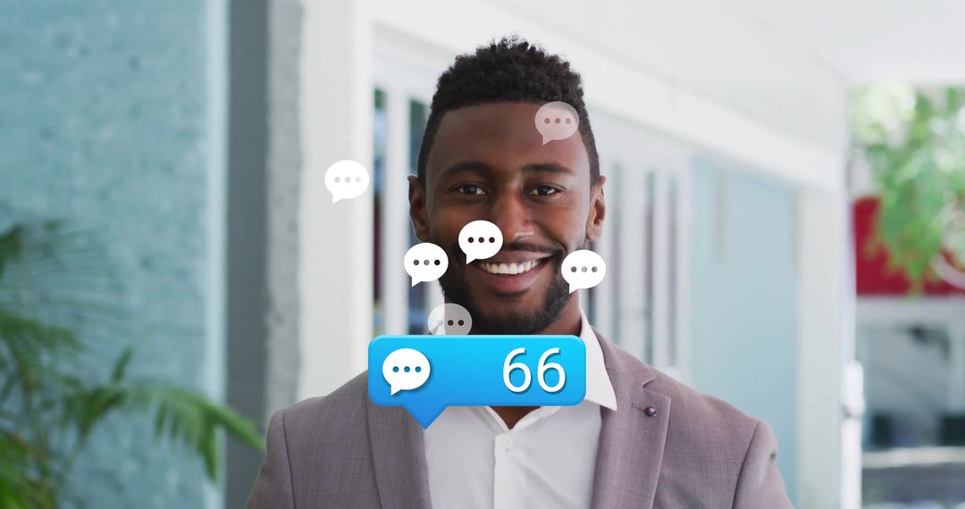 Businessman Smiling in Office with Chat Notification Overlay