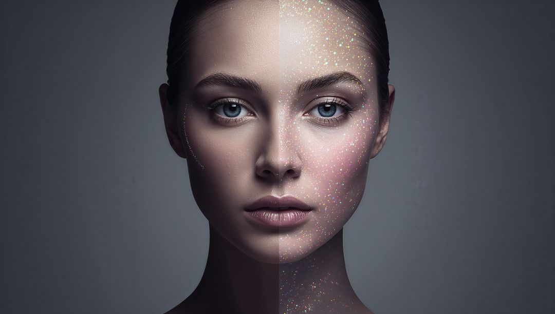 Studio Portrait Showing Split-Effect Glitter Makeup on Female Model