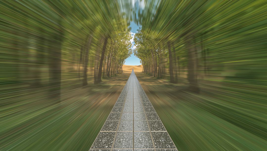 Tiled Path Stretching Through Motion-Blurred Tree Tunnel Toward Golden Field