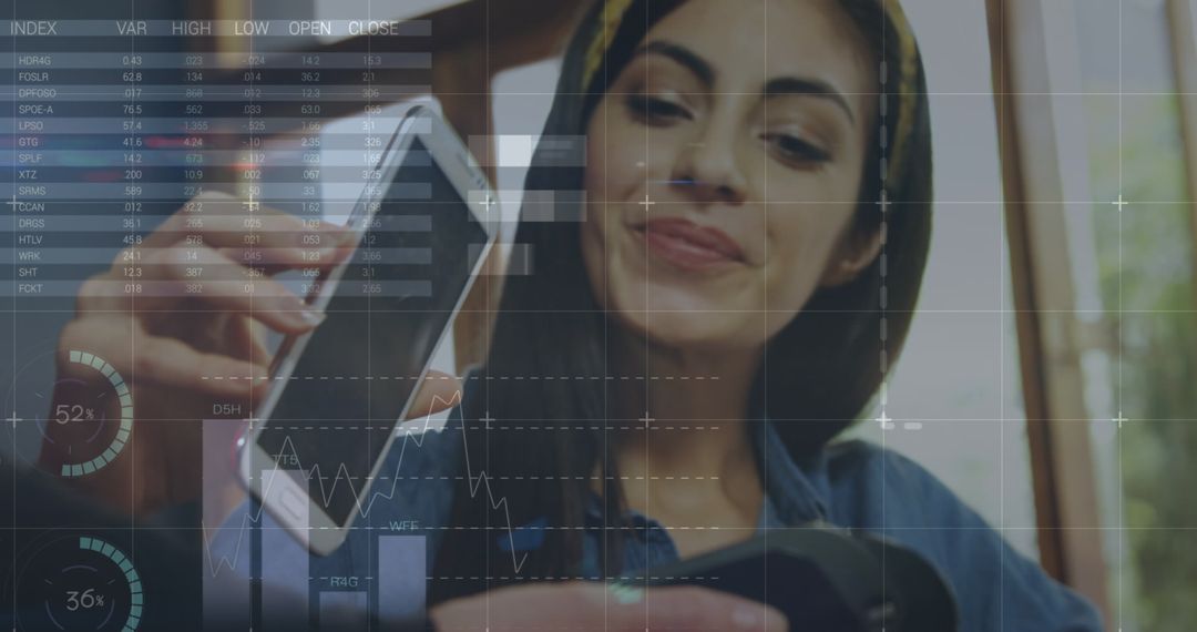 Woman Using Mobile Payment with Financial Analytics Overlay