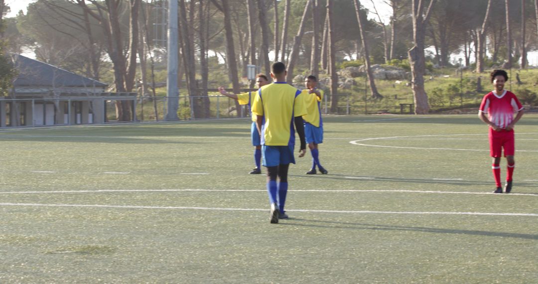Soccer Players Discussing Strategy on Sunny Field with Teamwork