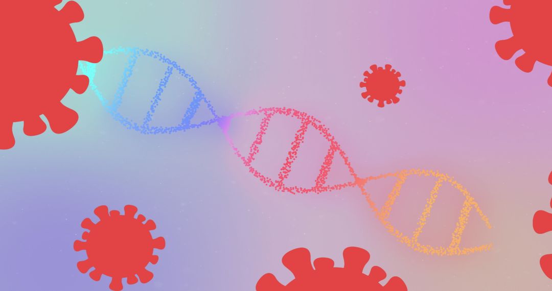 Colorful DNA Strand Amidst Red Virus Cells on Soft Gradient