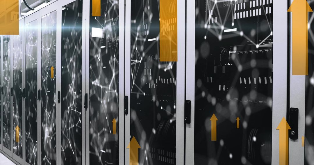 Digital Interface with Arrows and Network Over Modern Data Center