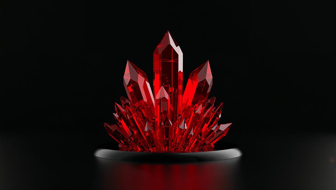 Shimmering Red Faceted Crystal Cluster Rising from Black Base Glossy Ruby Prism Reflective Still Lif