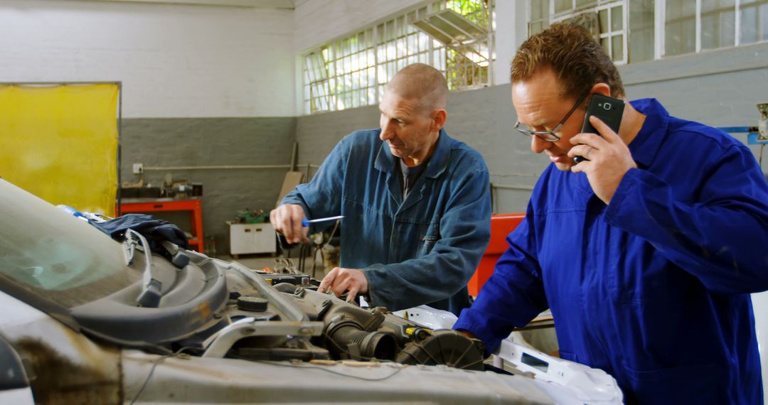 Auto Mechanics Repairing Vehicle in Garage Workshop, Teamwork in Action - Free Images, Stock Photos and Pictures on Pikwizard.com