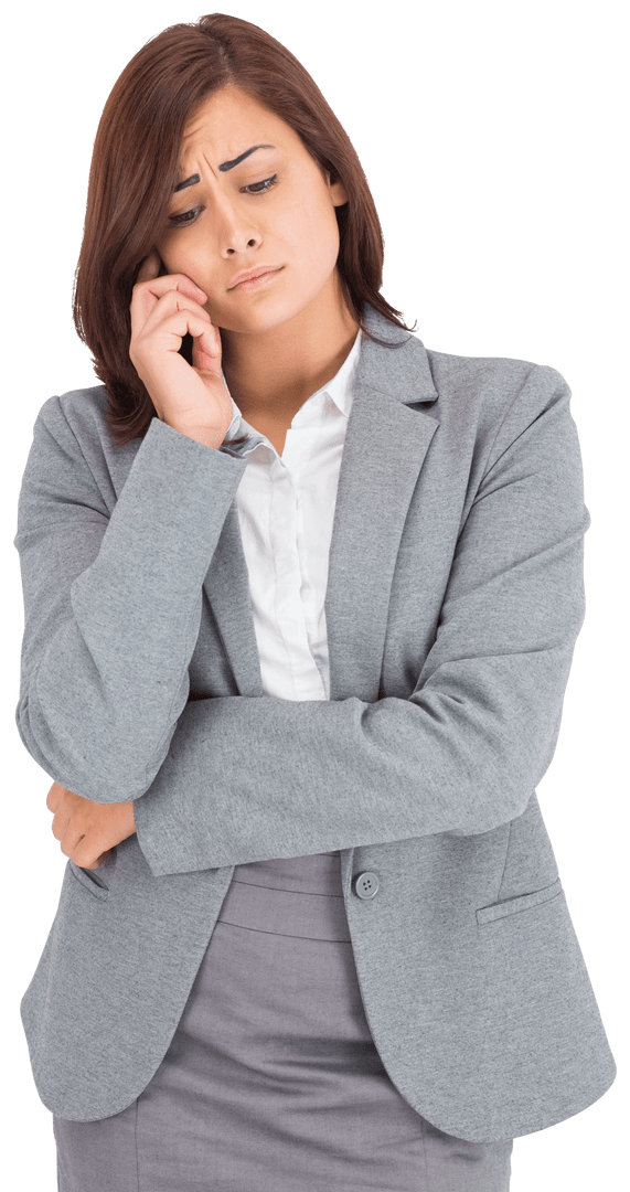 Transparent Worried Businesswoman in Grey Suit Isolated