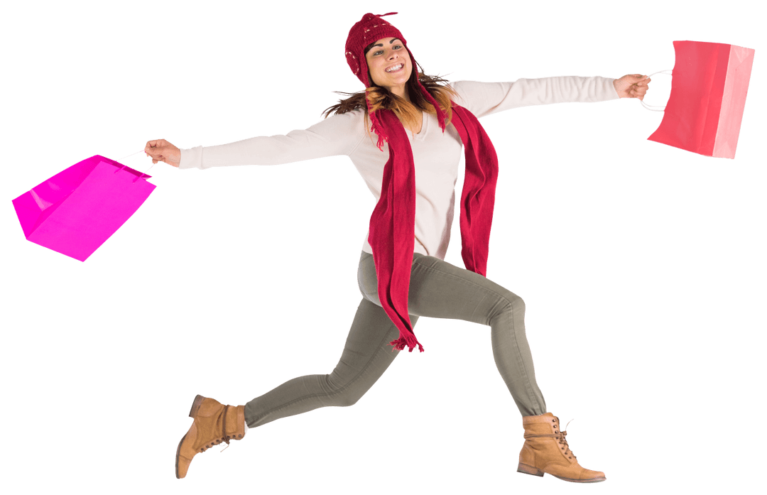 Smiling Woman Jumping with Shopping Bags and Warm Clothing Transparent Background