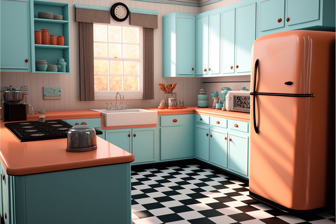 Image of retro kitchen interiors with fridge and appliances, created using generative ai technology - Free Images, Stock Photos and Pictures on Pikwizard.com