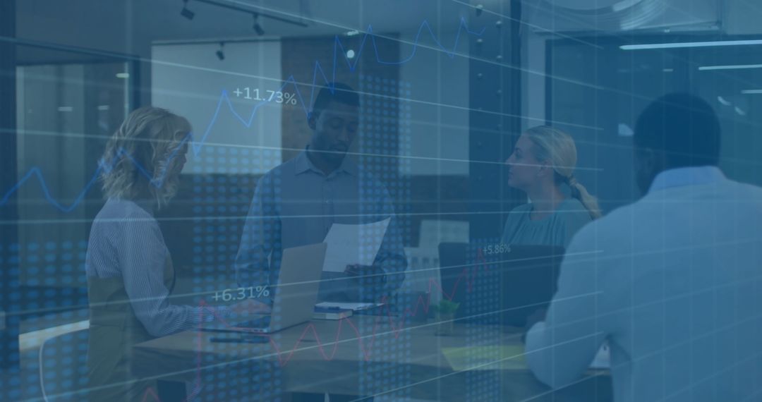 Financial Data Charts Projected Over Collaborative Business Meeting