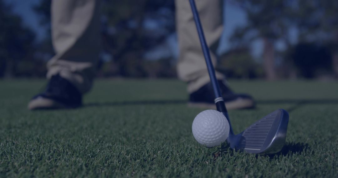 Golfer Aligns Iron with Ball on Manicured Green Grass Turf