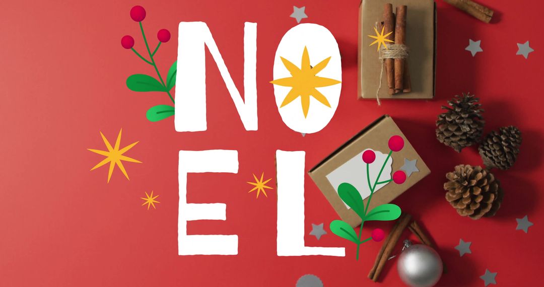 Festive Noel Text with Christmas Ornaments on Red Background