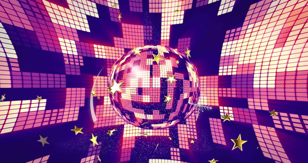 Disco Ball with Starry Background Glowing in Neon Lights