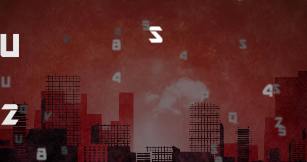 Abstract Cityscape with Falling Symbols over Digital Background