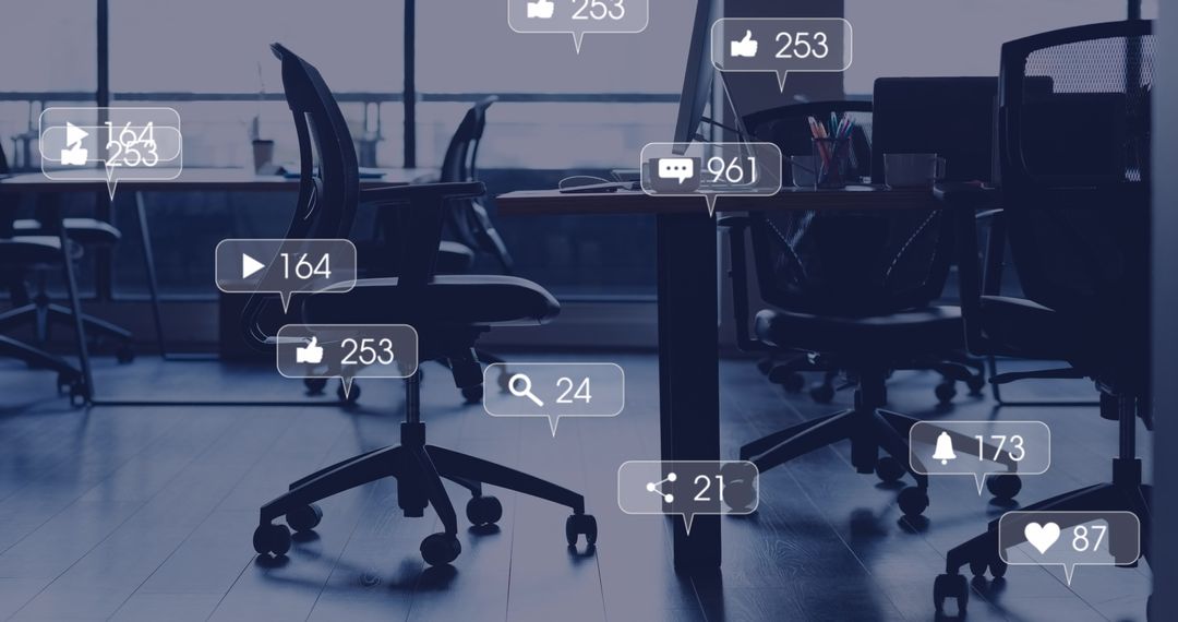 Empty Office with Digital Social Media Icons Overlay